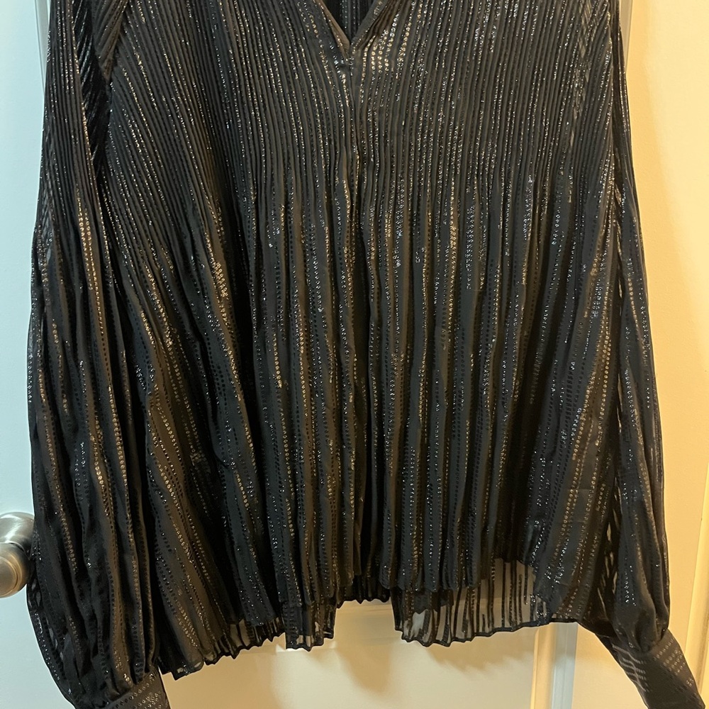 Black Long Sleeve Pleated Blouse with V-Neck
